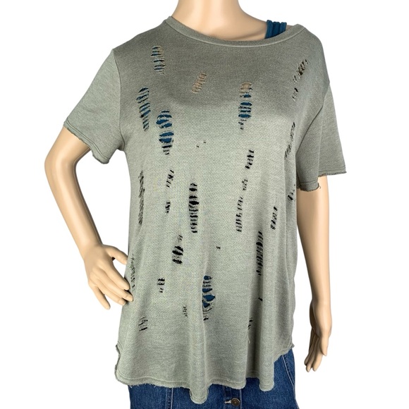 Twinkle Fairycore Fringy Distressed Earthy Sage Green Short Sleeve Top Sz Medium - Picture 3 of 11